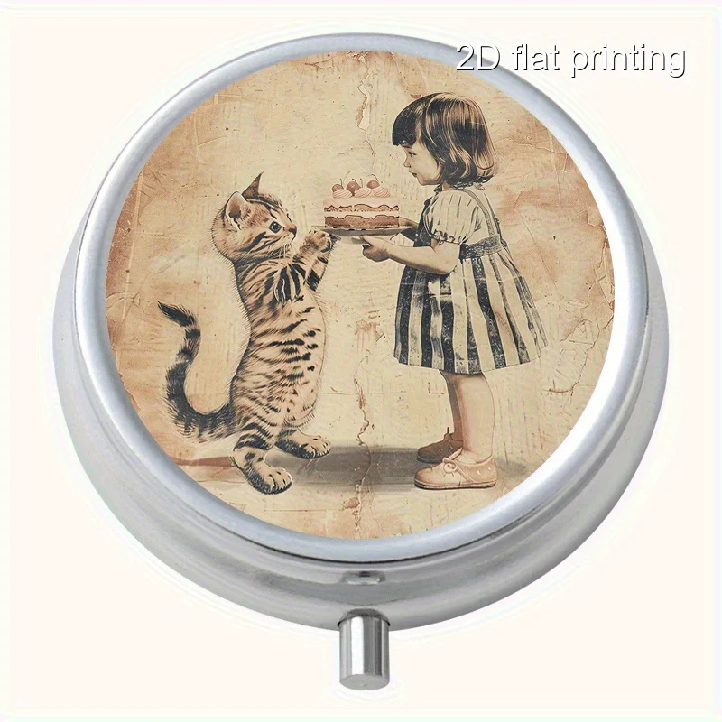 Creative Cat-Themed Printed Pattern Round Metal Box with 3 Compartments, Portable Mini Metal Box, Vitamin Metal Box, Portable Metal Box for Home and Travel, Multi-Functional Compartmentalized Storage Box for Decorations, Earrings, and Jewelry, Multi-Compartment Storage Small Metal Box, Sealed and Moisture-Proof, Unique Holiday Gift for Family and Friends