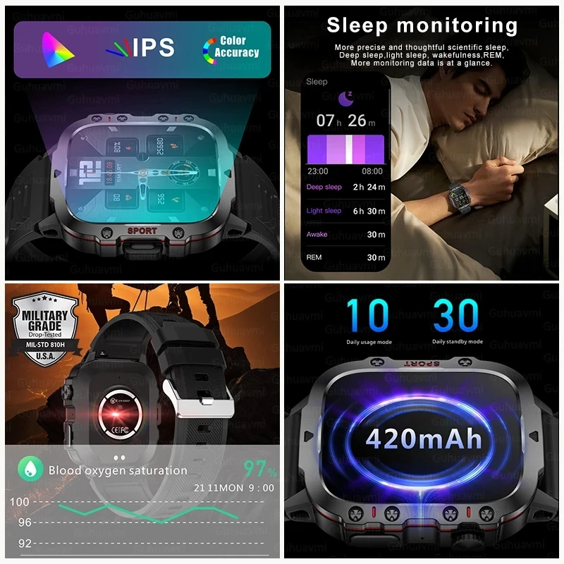 Imagem -03 - Relógio Inteligente Militar Robusto para Homens Smartver à Prova Dágua Voz ai Chamada Bluetooth Ip68 Apto para Maçã Negócios Novo 2023