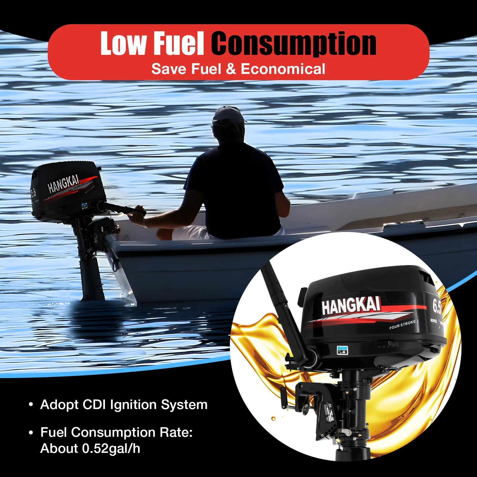 4 Stroke 6.5 HP Outboard Motor with Fuel Tank & Oil Pipe 4800W Professional Fishing Boat Engine with Water Cooling System