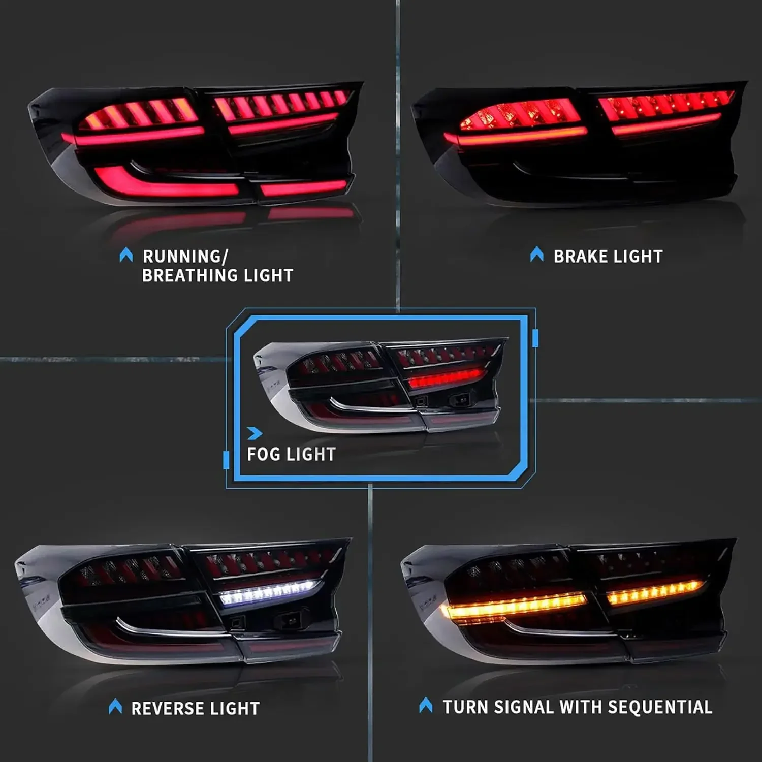 Led Tail Lights Compatible with Honda Accord 10th Gen 2018-2022 Rear Lamps w/Scanning Dynamic Animation Breathing DRL, w/S