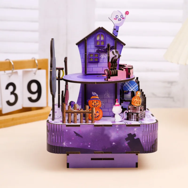 DIY Music Box Wooden Model Building Kits Ghost Train Assembled 3D Jigsaw Puzzles Can Move for Friends Halloween Gifts Home Decor