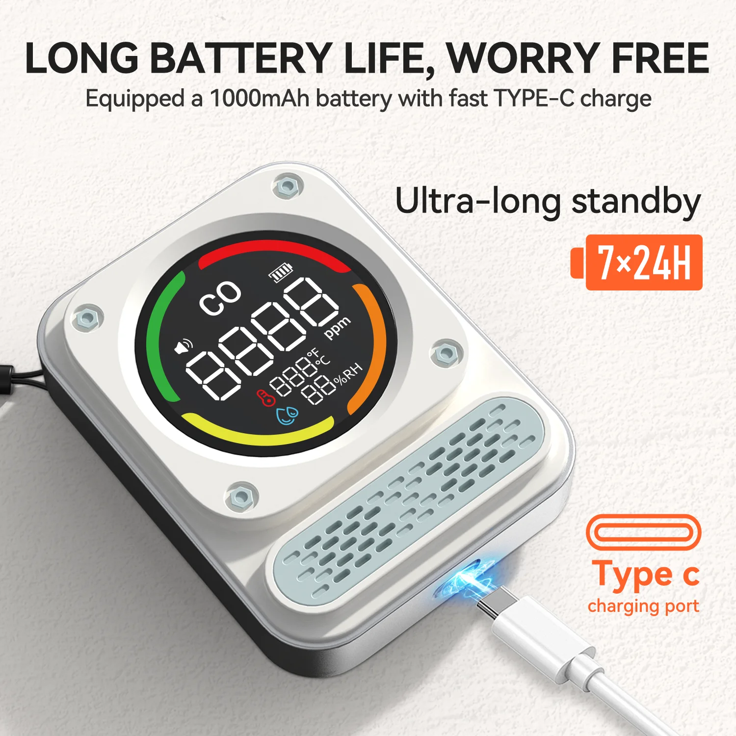 Tragbarer Kohlenmonoxidmelder, 3-in-1 wiederaufladbarer CO-Detektor mit akustischen und visuellen Warnungen für Reisen und Camping