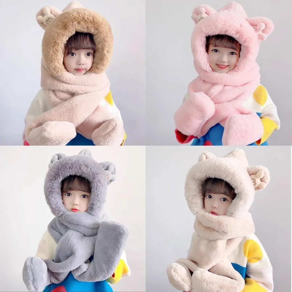 New Children's Hooded Hat Scarf Glove Set Winter Cute Thickened Warm Three-in-one Soft Hat With Long Scarf Shawl Gloves