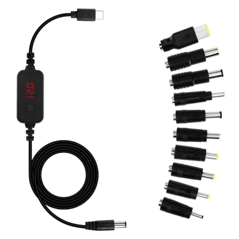 CPDD Type C toDC Power Adapter Cable Fast Charging Cord with 10 Conversion Heads 5V, 9V, 12V, 15V, 20V Adjustable Voltage