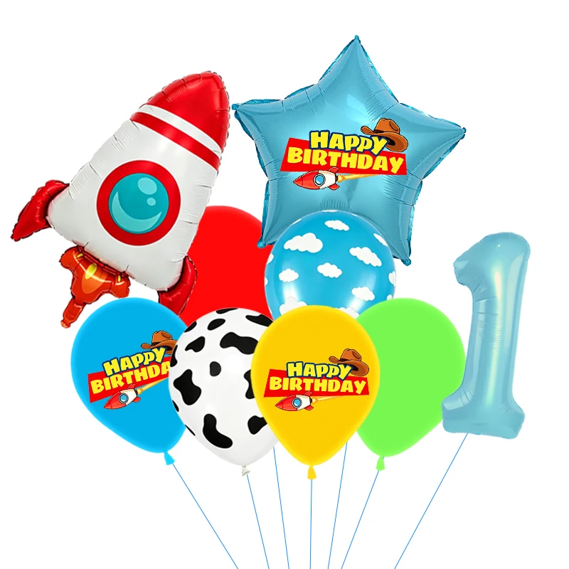 Rote, gelbe und grüne Spielzeugballons, hellblaue Ballons mit Wolken- und Kuhmuster für die Dekorationen zu Babystory- und Cowboy-Partys – Detail 20
