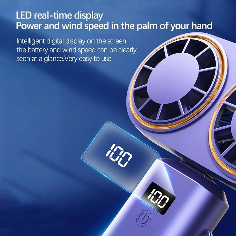 Portable Handheld Fan USB Charging Cooler Dual Fan Dual Fan Cooling Digital Display Rechargeable Battery Royal Blue