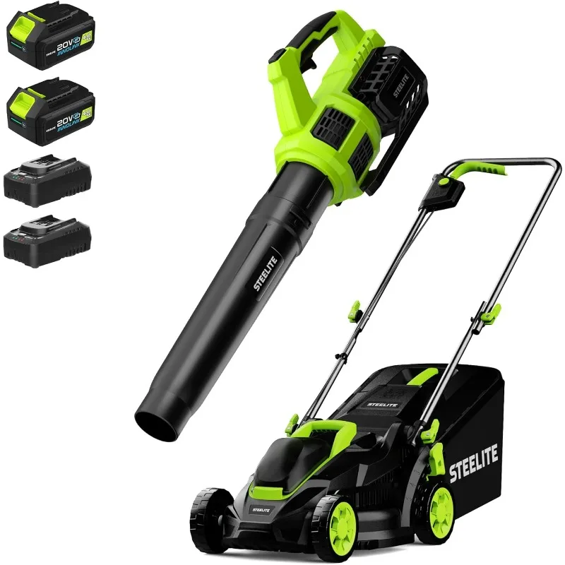 

Steelite 13-Inch Cordless Lawn Mower & Leaf Blower Cordless Combo Kit with 2 * 4.0Ah 21V Batteries and Chargers, 2 Packages