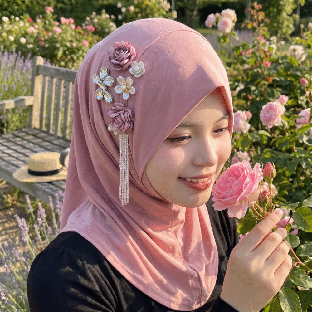 Round Neck Elastic Flower Tassel Hijab Cap Soft Fabric Solid Color Pre-Tied Headscarf Breathable Polyester Head Wrap Casual