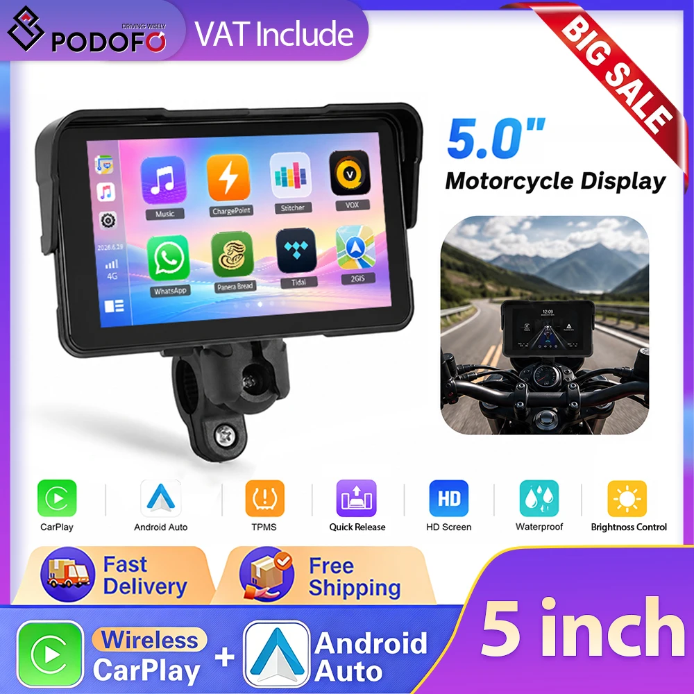 Podofo 5" Inteligentny Odtwarzacz Motocyklowy Bezprzewodowy CarPlay Android Auto Monitor Motocyklowy Nawigator GPS Wodoodporny IP68 Monitor Ciśnienia Wyświetlacz Motocyklowy
