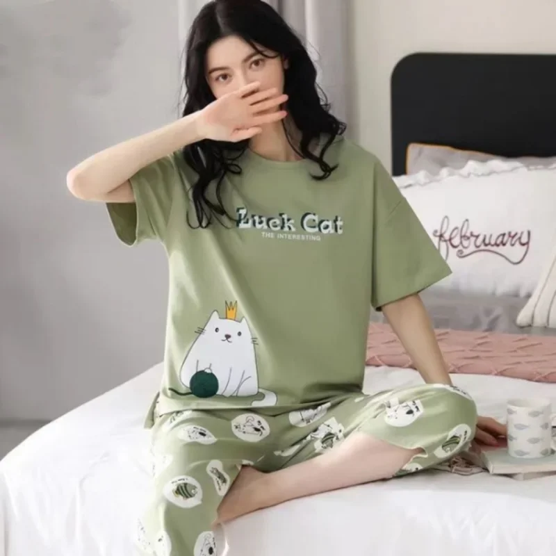 Pijama de algodão feminino, calça cortada de manga curta, terno solto tamanho grande, serviço doméstico, novo, verão, 2023