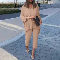 Pantaloni da donna Top Suit Lady Shirt pantaloni Suit Chic t-Shirt a maniche lunghe con scollo a V da donna Set di pantaloni a gamba larga Soft Loose Fit Outfit