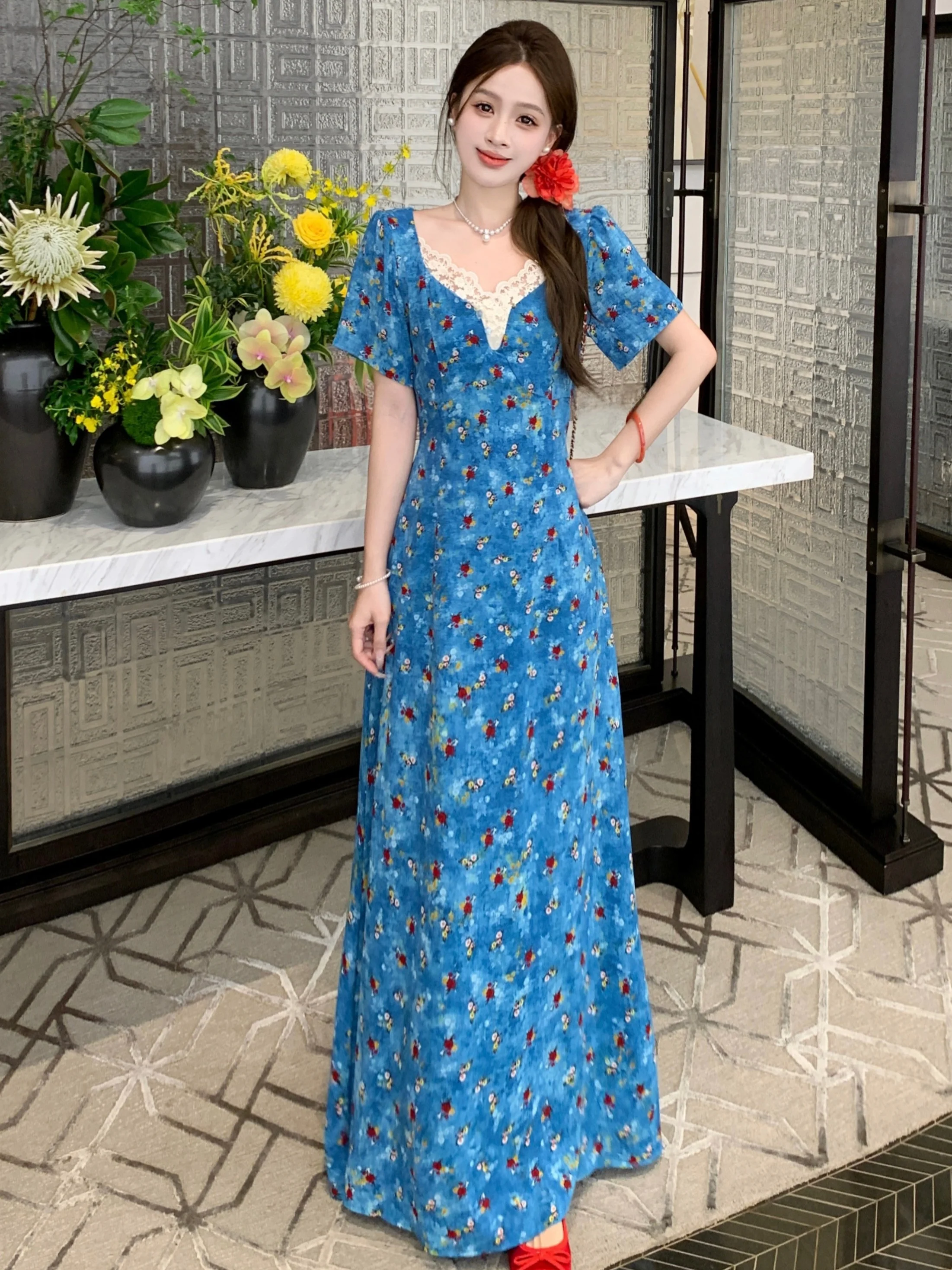 Blue Floral V-Ne Dr… - image