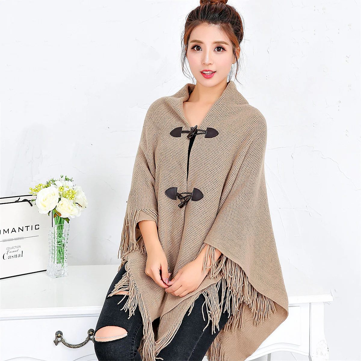가을 봄 니트 태슬 카디건 여성용 비대칭 배트윙 스웨터 코트 빈티지 비대칭 코튼 혼방 니트웨어