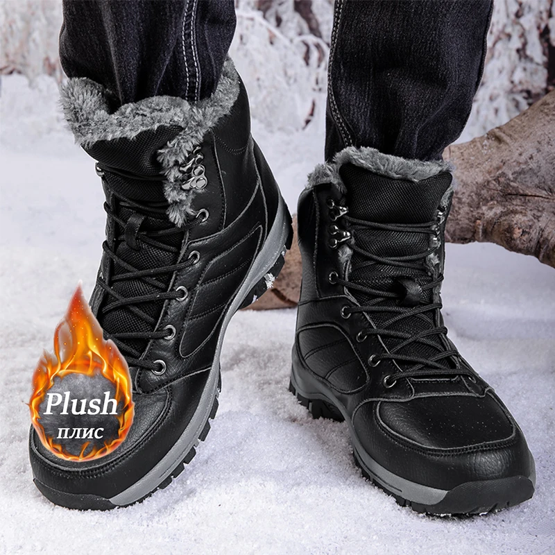 Men Winter Snow Boots For Waterproof Leather Sneakers Super Warm Men\'s Boots Outdoor Male Hiking Boots Work Shoes Big Size 39-48