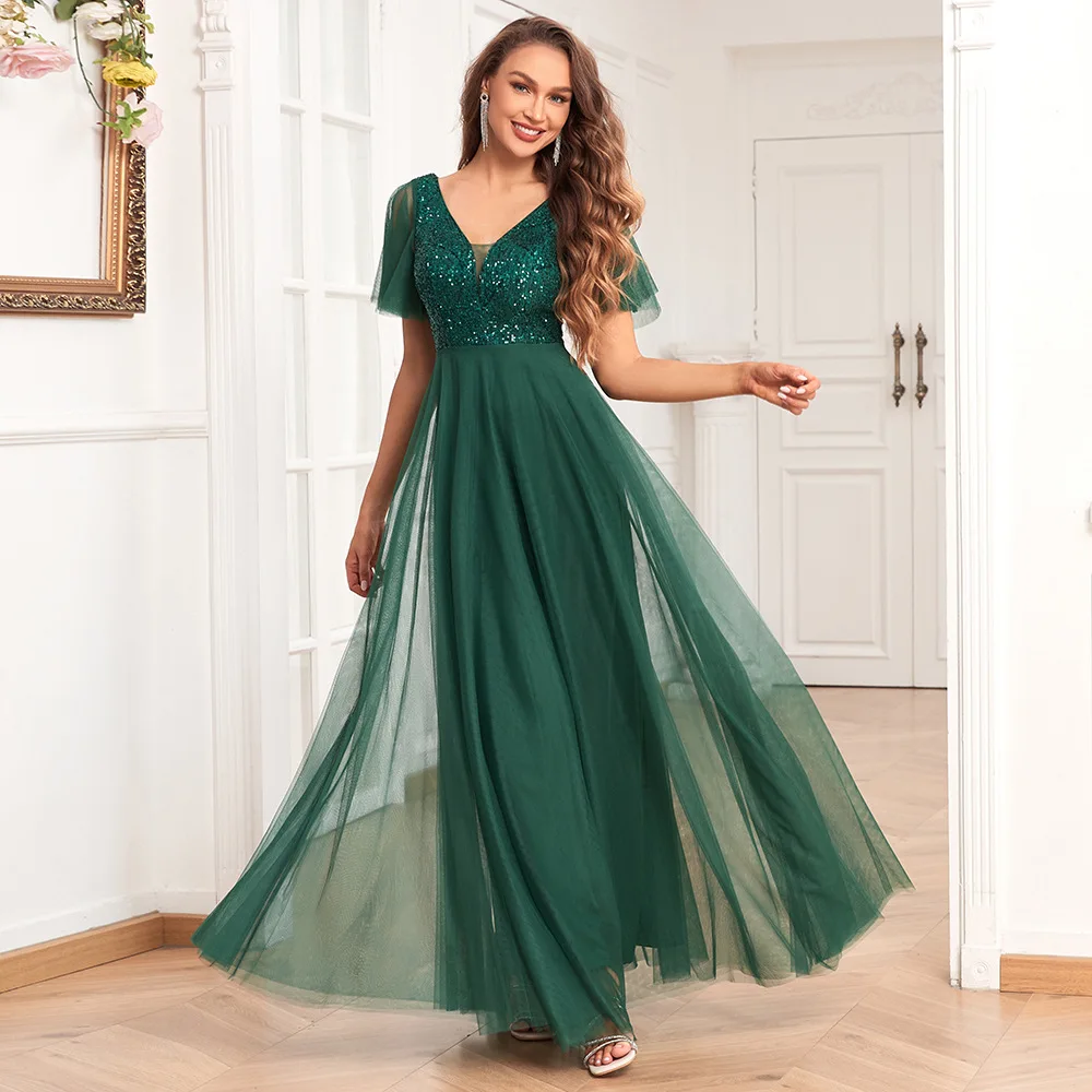 

Short-sleeved evening dress with V-neck Sequin embroidered Patchwork party dress Elegant A-line tulle dress green long dress