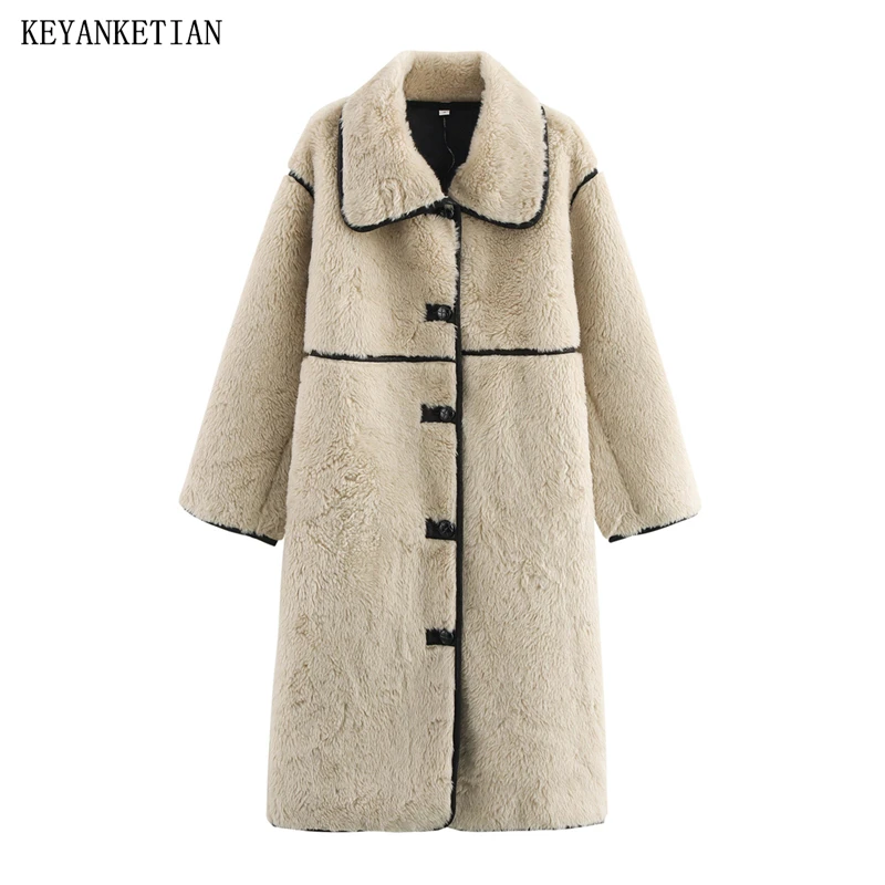 

KEYANKETIAN 2025 Winter New Women's Long Faux Fur Coat Seam Detail Single Breasted Thick Warm Loose Double Faced Fur Greatcoat