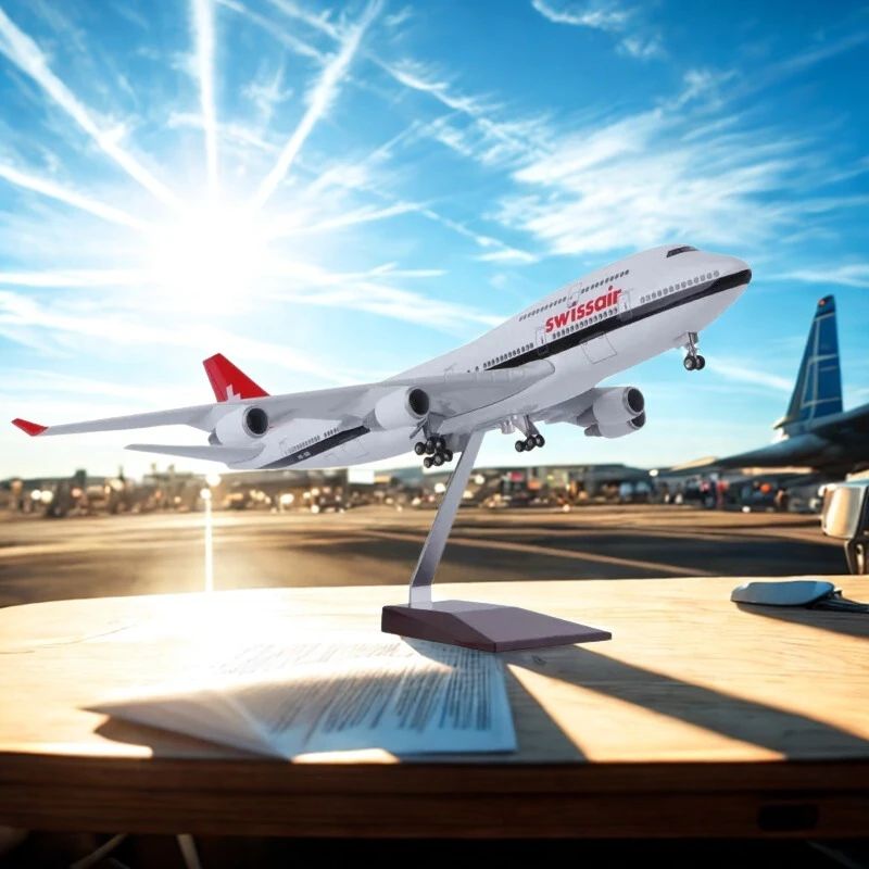 47CM Scale Large Airplane Model Switzerland B747 Home Decor Plane Models Diecast Airplanes With LED Light For Collection Or Gift