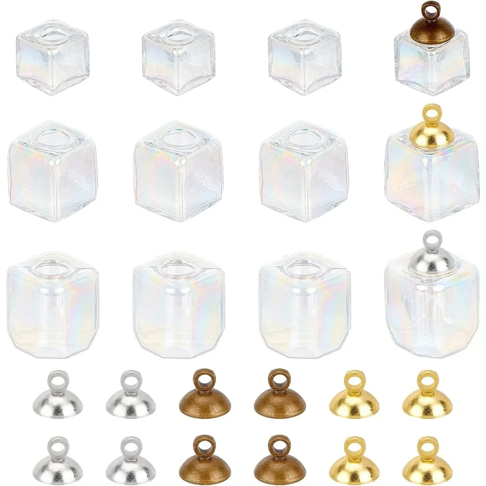 12 Set Mini Empty Glass Globe Charms Cube Glass Vial Charm 3 Size Wish Bottle Charms Square Bottle Pendant with Caps making kit