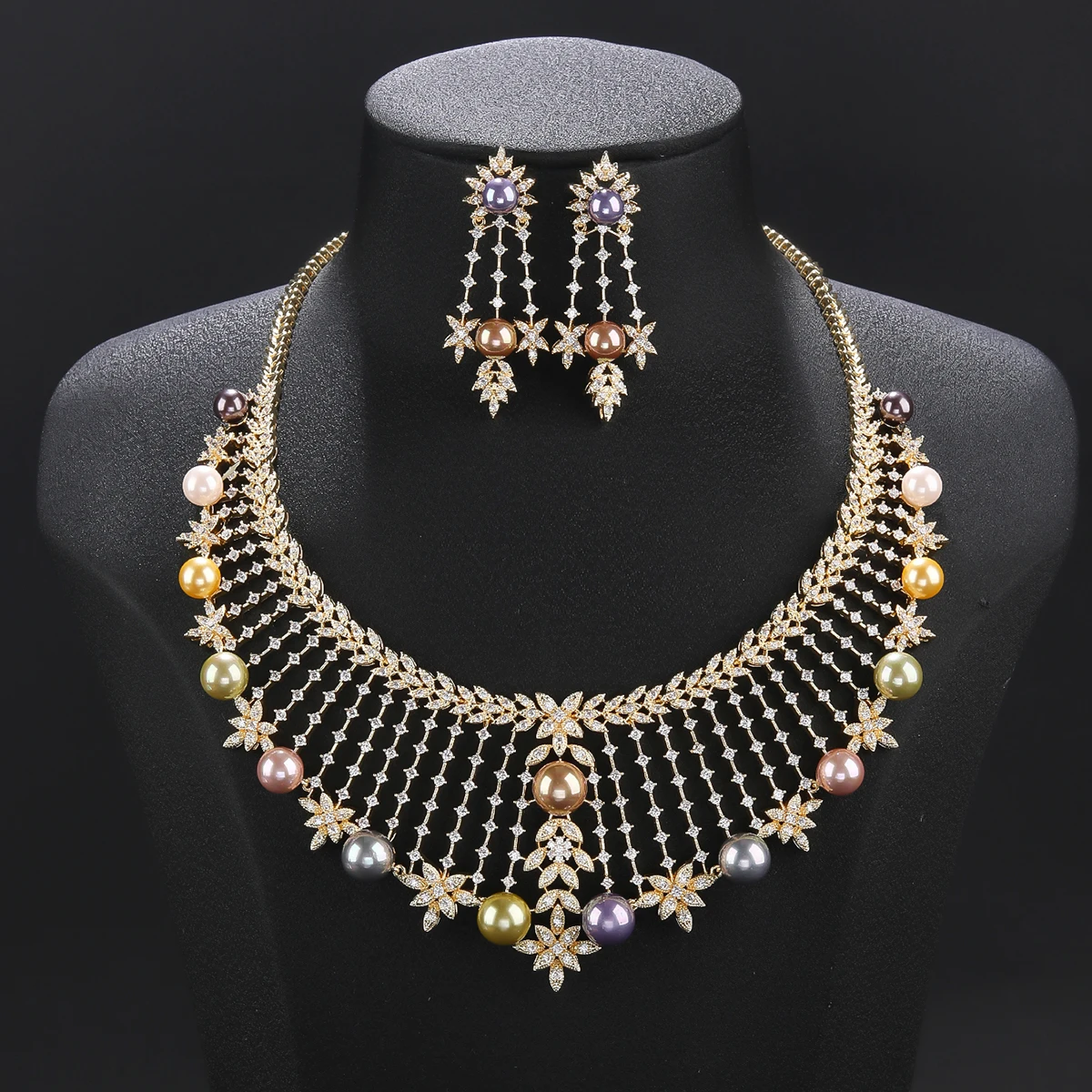 Luxury Cubic Zirconia Flower Pearl Necklacе Nigeria Dubai Bridal Wedding Jewellery Sets Women Party Accessories CN11512