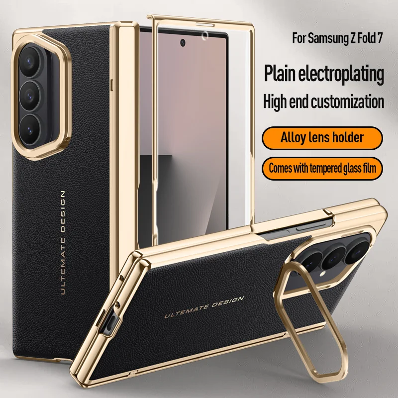 

For Samsung Galaxy Z Fold 7 Case Luxury PU Leather Lens Stand Screen Protect Film For Z Fold 7 All-inclusive Spring Hinged Cover
