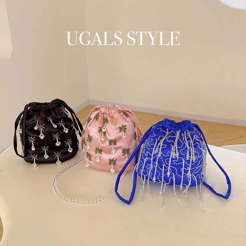 

New Trendy Satin Hobo Bag Women's Drawstring Handbag Pearl Beading Bucket Purse Dinner Party Evening Bag Shoulder Crossbody Bag