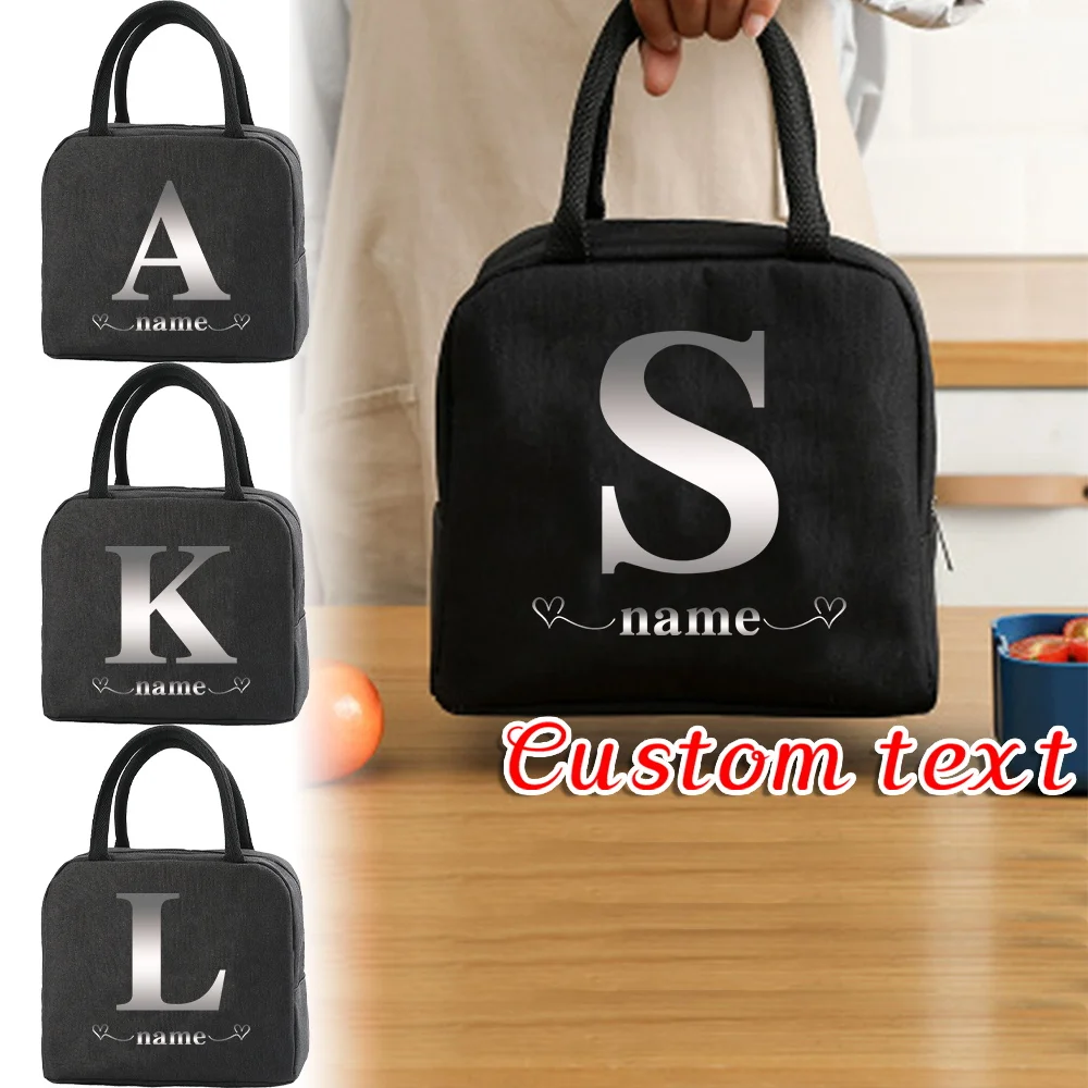 

Personalized Custom Black Insulated Lunch Bag Bento Bag White Letter Pattern Insulated Lunch Box Picnic Food Bag