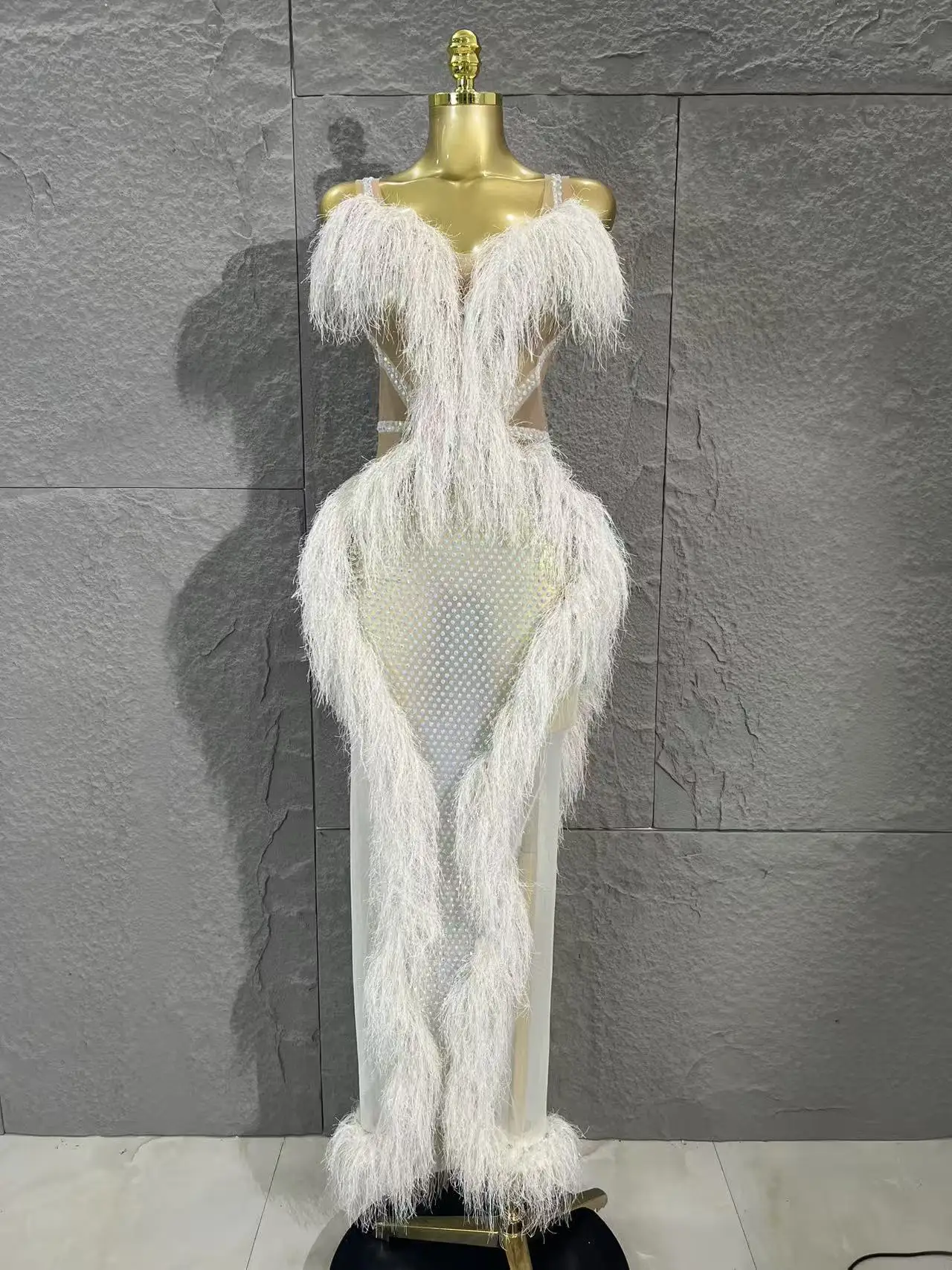 Sexy transparent netting sequined feather dress, V-neck formal evening cocktail party gown