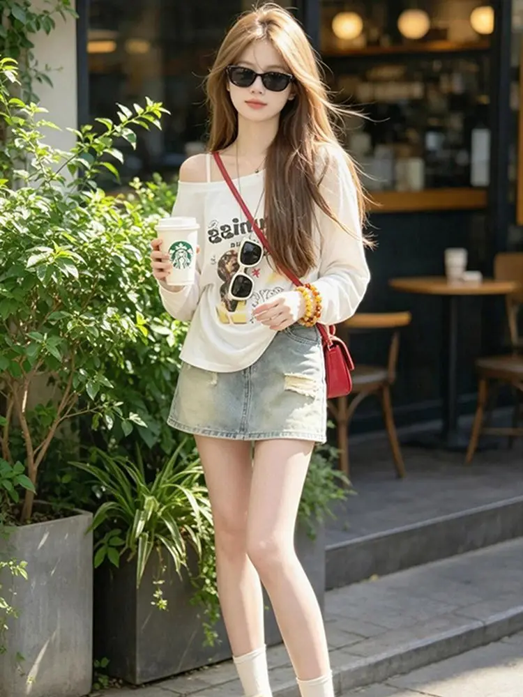 Trend Sexy Off-the-shoulder Print Tops T-shirts Long-sleeved Shirt Women Spring Summer Versatile Cover-ups Harajuku Graphic Tees