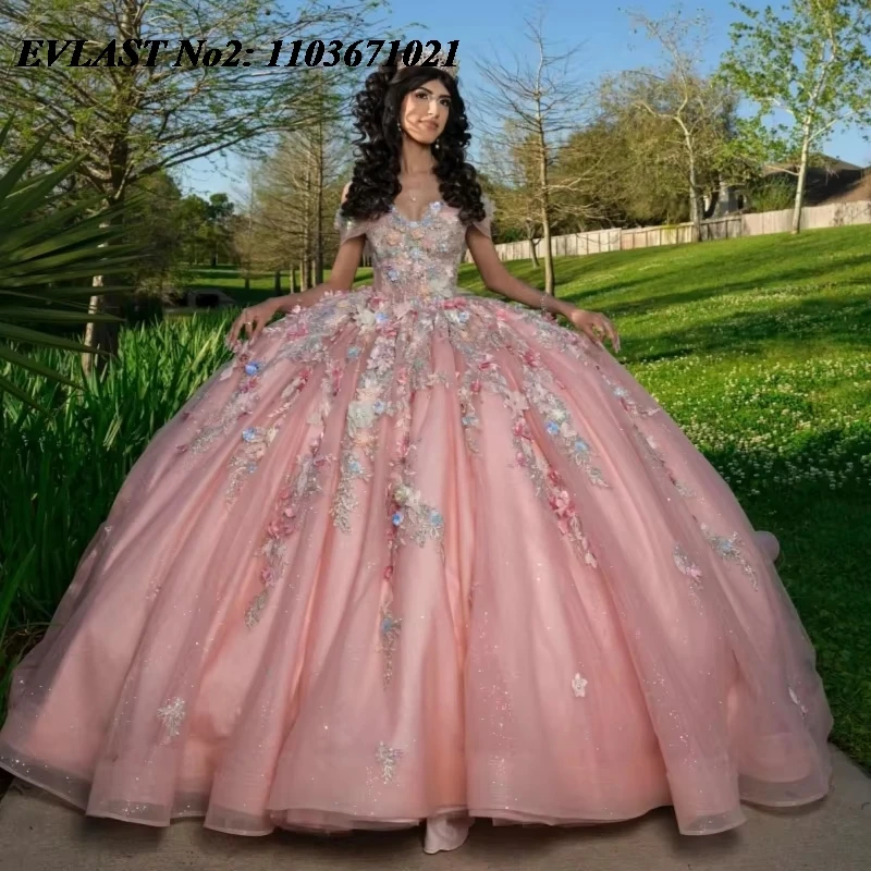 EVLAST Personalizado Princesa Rosa Quinceanera Vestido de Baile 3D Flores Applique Beading Doce 16 Vestidos De 15 Anos E2Q34