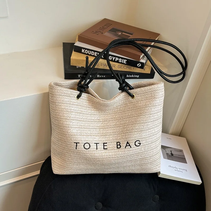 Summer Letter Straw Woven Shoulder Bags for Women Large Capacity Vacation Crossbody Tote Simple Travel Portable Female Handbag