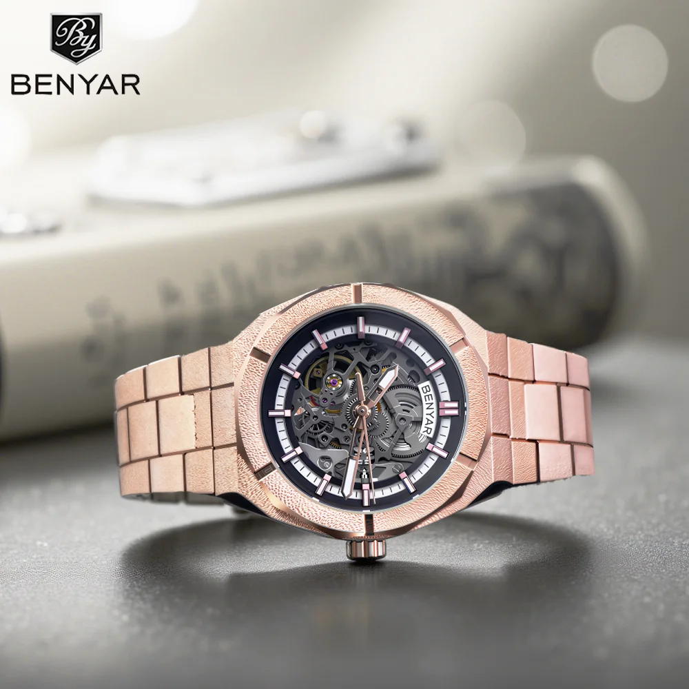 BEYAR 2025 41MM NEW hollow design luxury men automatic mechanical watches stainless steel sports clock Reloj Hombre BY-5212