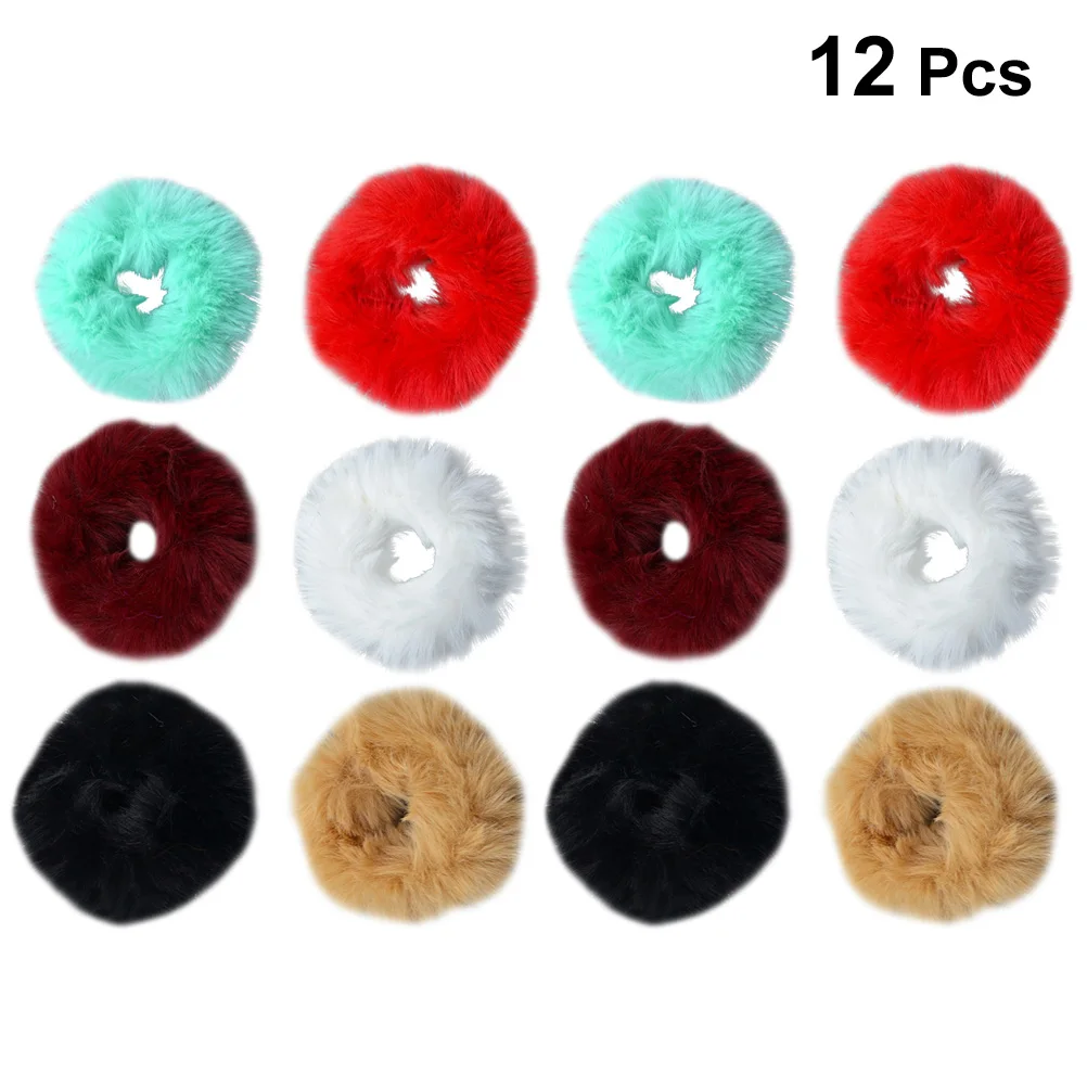 

12pcs Imitation Rabbit Ponytail Holders Ties Solid Color Rubber Bands For Girls White Blue Black Wine Red Khaki Each Chic