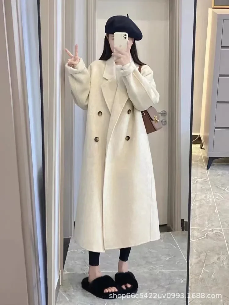 [Genuine baby camel velvet] Hanxi commuter double-sided wool coat double-breasted simple and high-end woolen coat for women