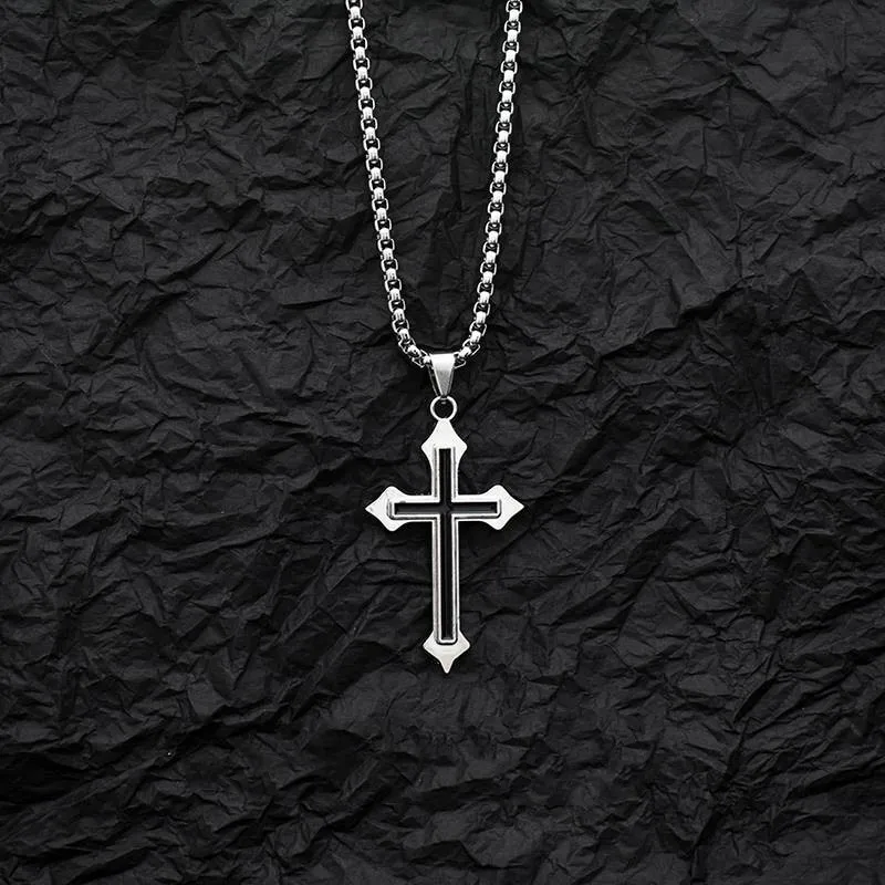 Vintage Gothic Hollow Cross Pendant Necklace Silver Color Cool Street Style For Men Women Gift Wholesale Neck Jewelry