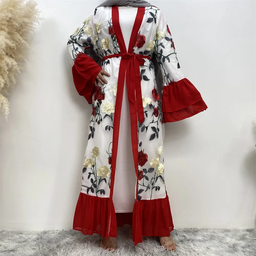 

Fashion Women Flare Sleeve Kimono Cardigan Flower Open Abaya Dubai Turkey Maxi Dress Islamic Clothing Embroidered Robe Jalabiya