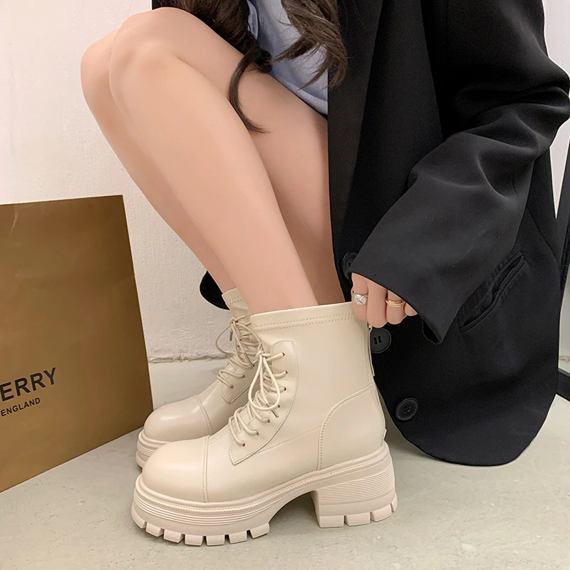 2023 New Ladies Shoes Basic PU Women's Boots Modern Ankle Boots Women Sewing Lace Up Round Toe Side Zip Chunky Heel Shoes Women