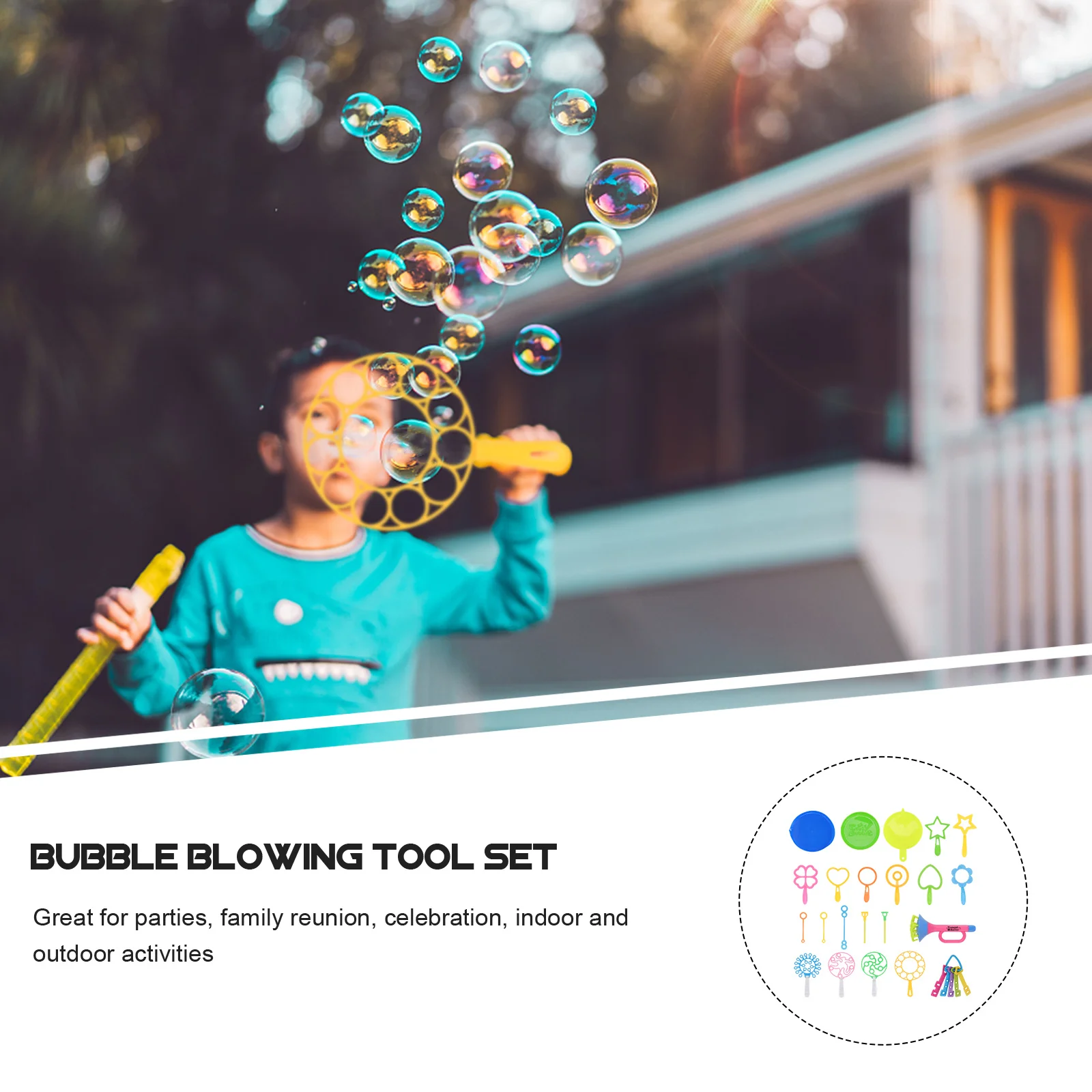 Conjunto de bastões de bolhas de desenho animado, 29 peças com bandeja, alças duráveis, crianças ao ar livre, perfeito para festas, reuniões familiares