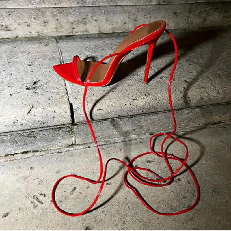 Drop Shipping Sexy Woman Red Black Solid Leather Cross Tied Stiletto Heel One Line Lace Up Summer Sandals Female Party Shoes