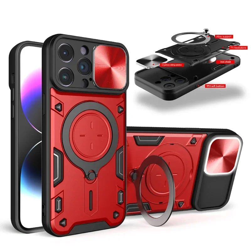 جراب هاتف منزلق عدسة الكاميرا حماية غطاء مدرع آيفون 16e 14 15 Plus 11 12 13 Pro Max الغطاء الخلفي حالات حامل المغناطيس