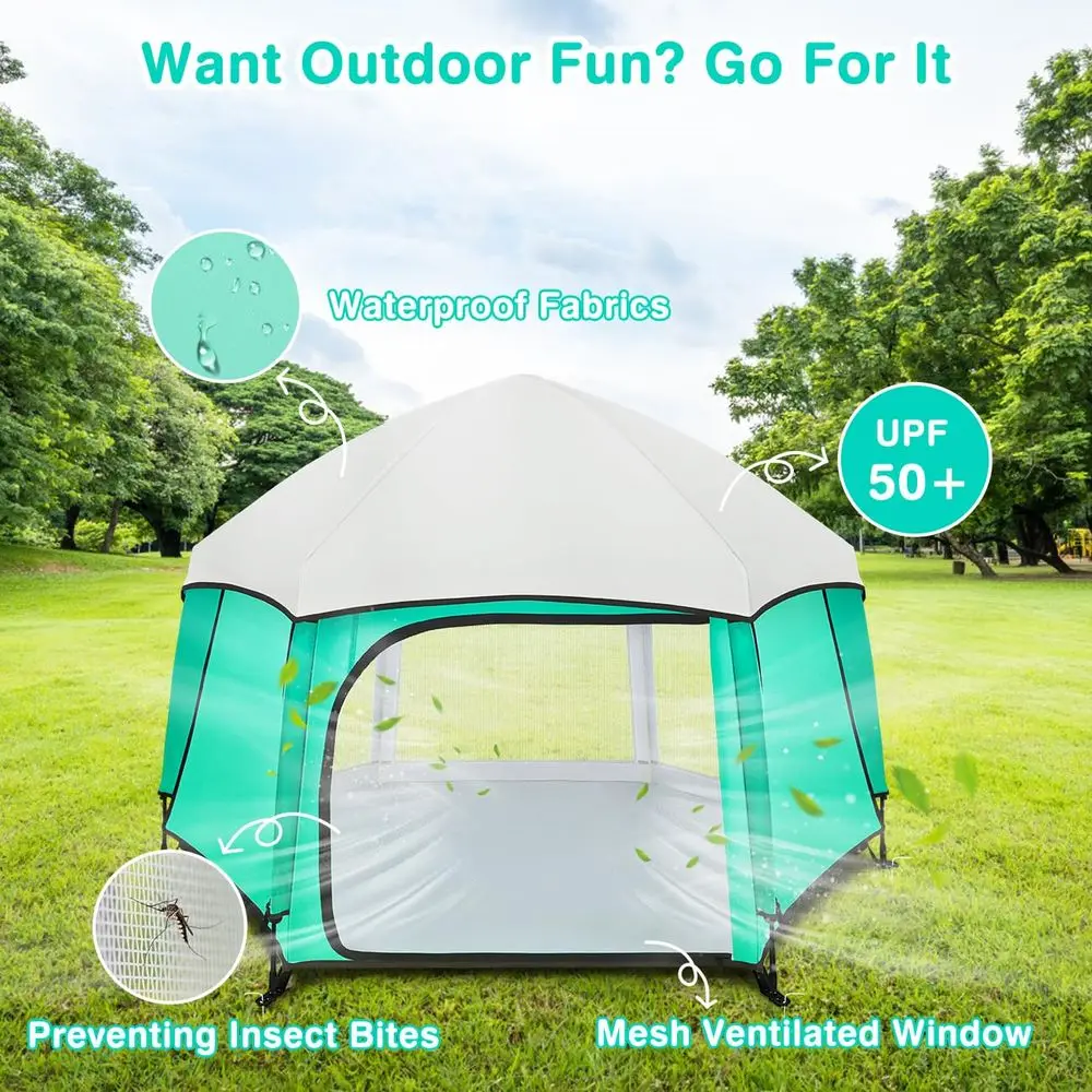 ساحة لعب محمولة للأطفال مع مظلات وأغطية للأشعة فوق البنفسجية، روضة أطفال خفيفة الوزن للسفر للاستخدام في الهواء الطلق والمنزل، أخضر نعناعي