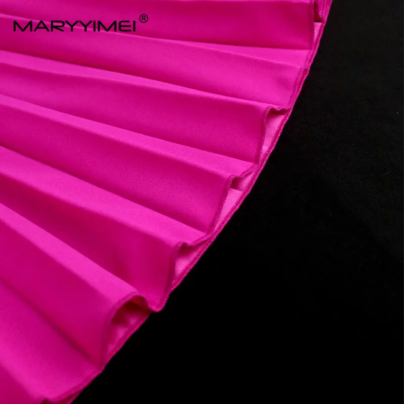 Imagem -05 - Maryyyimei-vestido Maxi Plissado Feminino com Gola Redonda Oco para Fora Lanterna Manga Curta Cintura Alta Senhora do Escritório Moda Elegante Novo