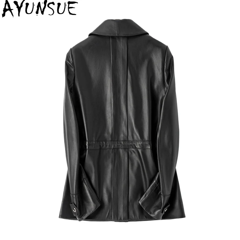 AYUNSUE Genuine Sheepskin Leather Jacket Women Black Coat Women Luxury Long Coats Autumn Casual Coat Womens Casaco De Couro 2024