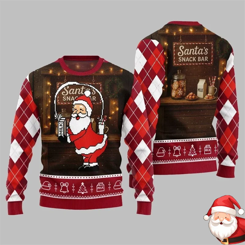 Weihnachten 2025, seltsamer Weihnachtsmann, Snackbar, hässlicher Weihnachtspullover für Männer, kariertes Langarm-Sweatshirt, neue Festival-Geschenkkleidung