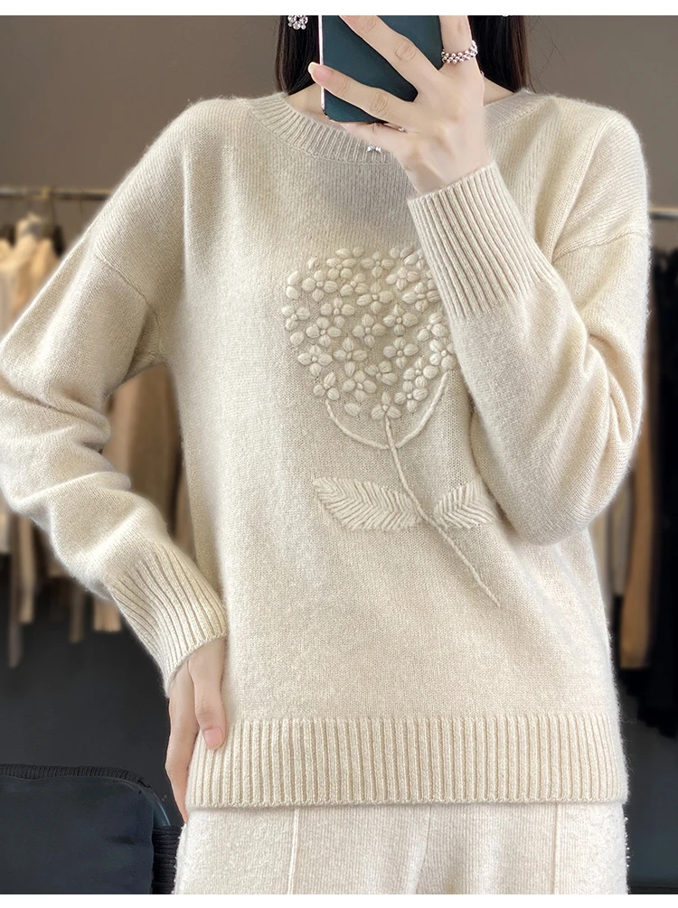 Chic Women's Pullovers O-Neck Twist Flower 100% Merino Wool Basic Soft Warm Casual Loose Mori Girl Style Clothing Tops