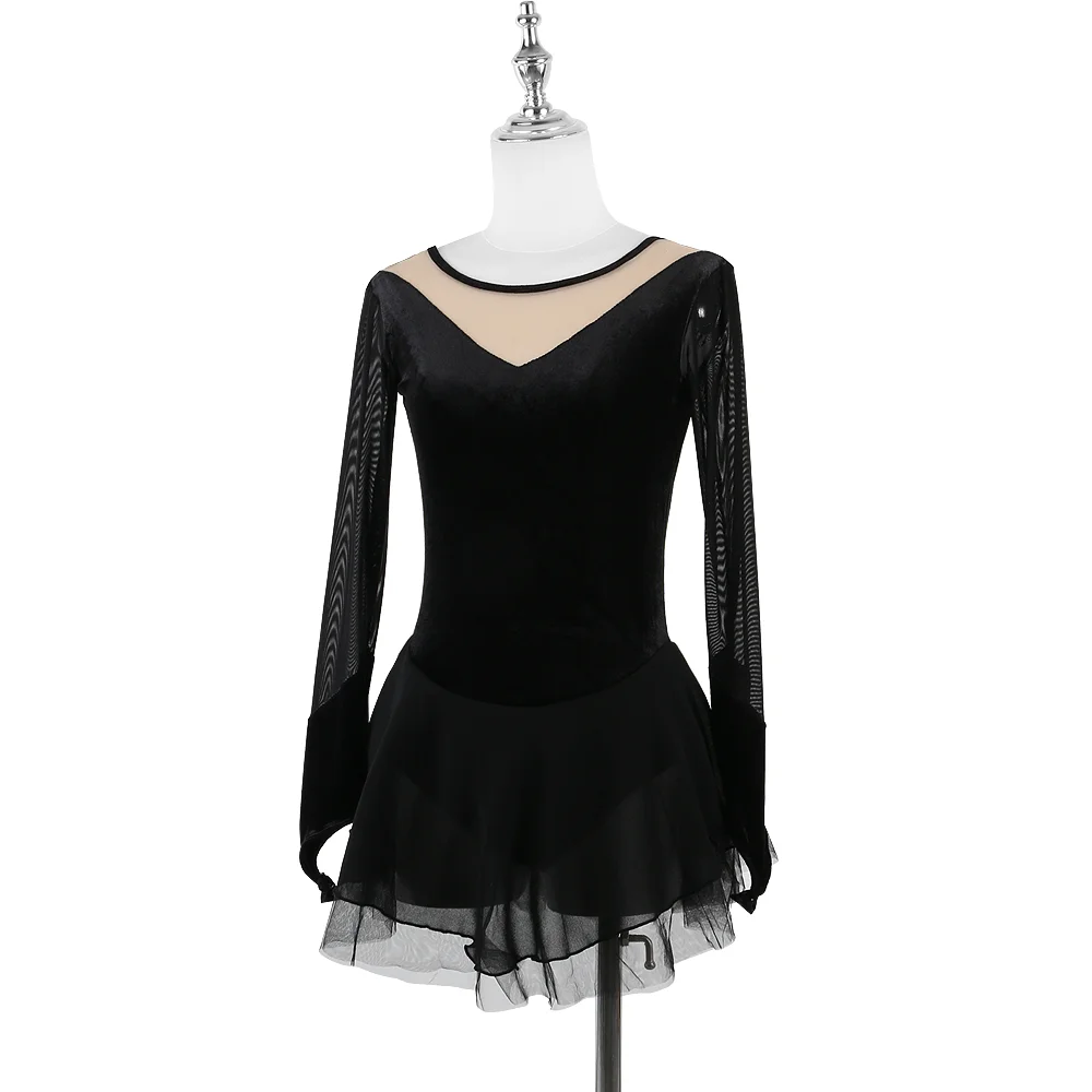 Zagitova Figure Skating Dress For Women Girls Ice Skating Clothes Long Sleeve Black Velvet Bubble Skirt With Diamonds