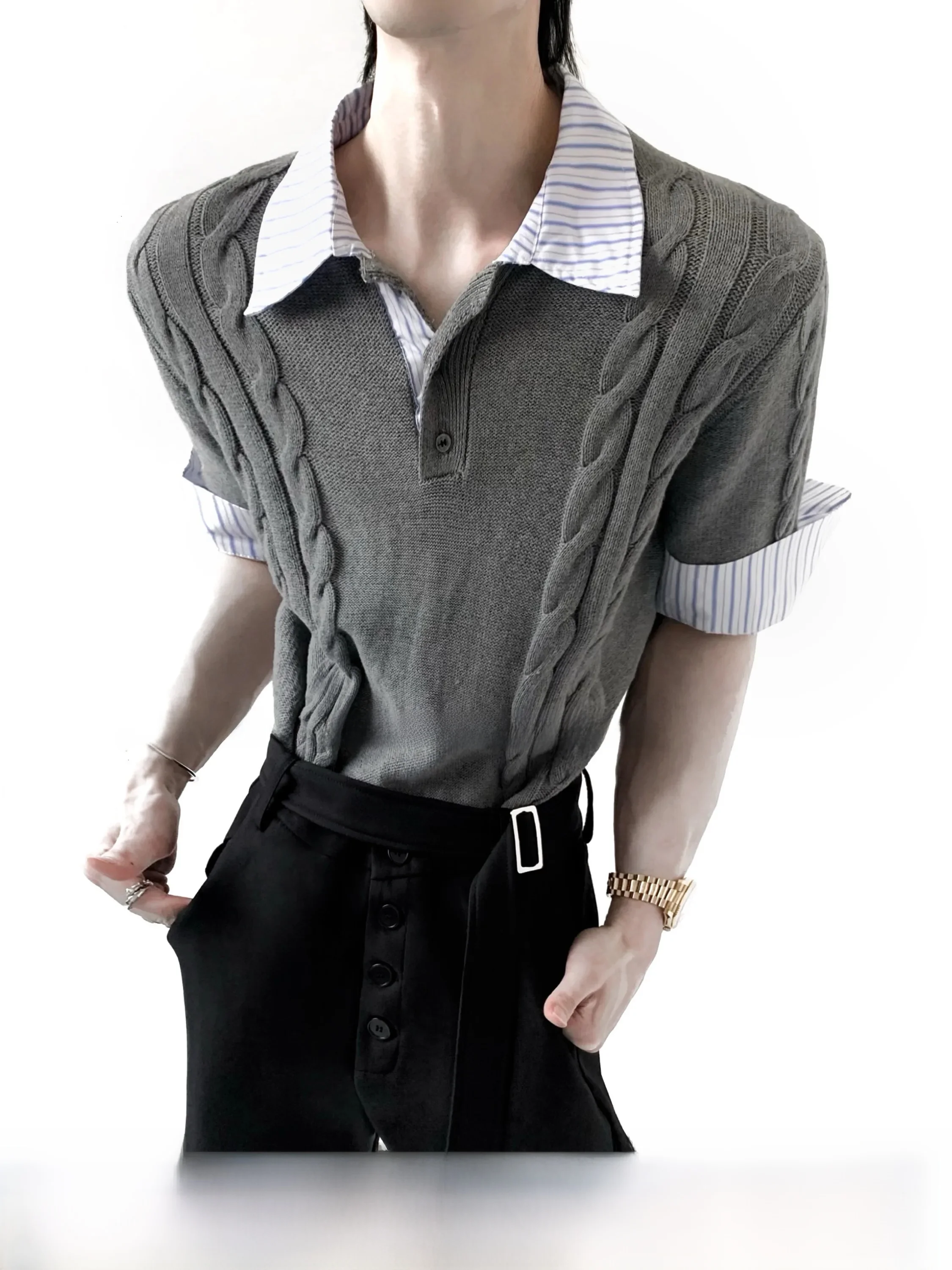 Autumn Mountain Wind Miu Style Knitted  Shirt Short Sleeve Patchwork Breathable Cotton Men's Fashion Single Button Closure