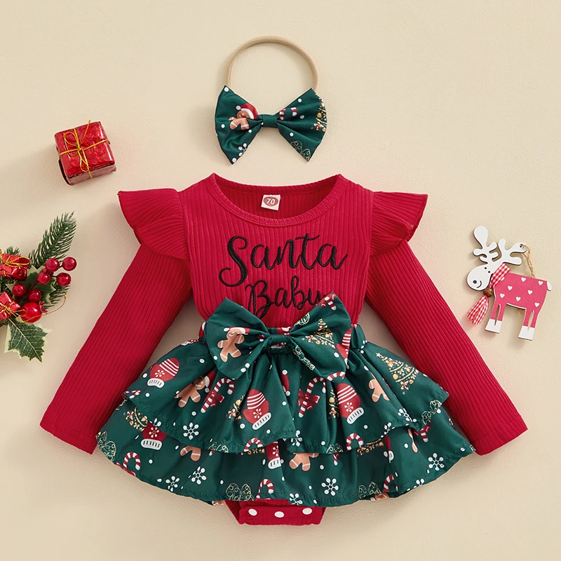 Pelele navideño para niñas, vestido de manga larga con estampado de sombrero de Papá Noel y diadema con lazo para 0-2t