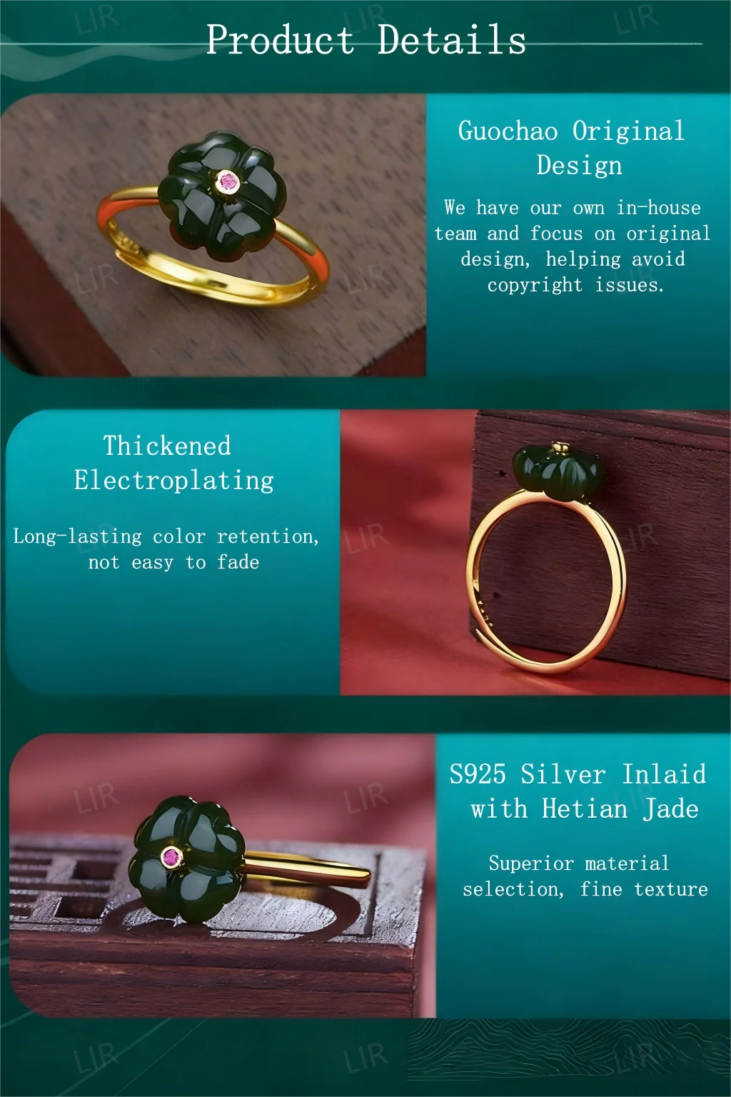 خاتم مفتوح من LIR للسيدات من اليشم الهيتي الطبيعي Lucky Clover |   مجوهرات راقية مع شهادة اليشم