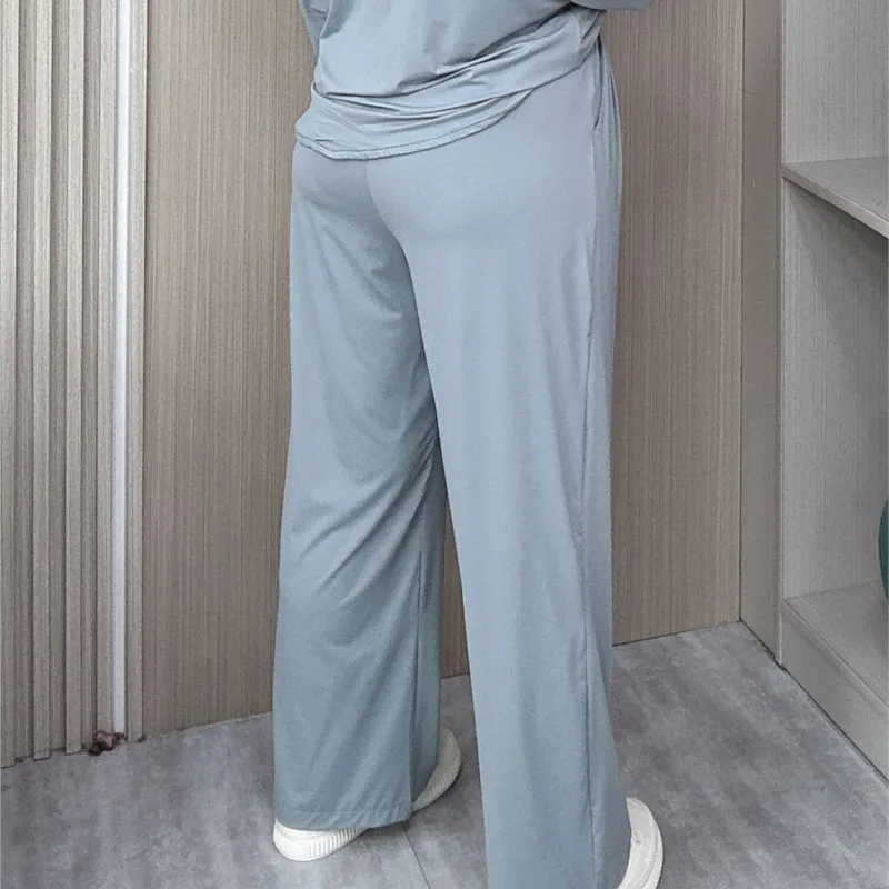 Loose Thin Straight Pants Women Summer New Plus Size Casual High Waist Cool Ice Silk Wide Leg Pants