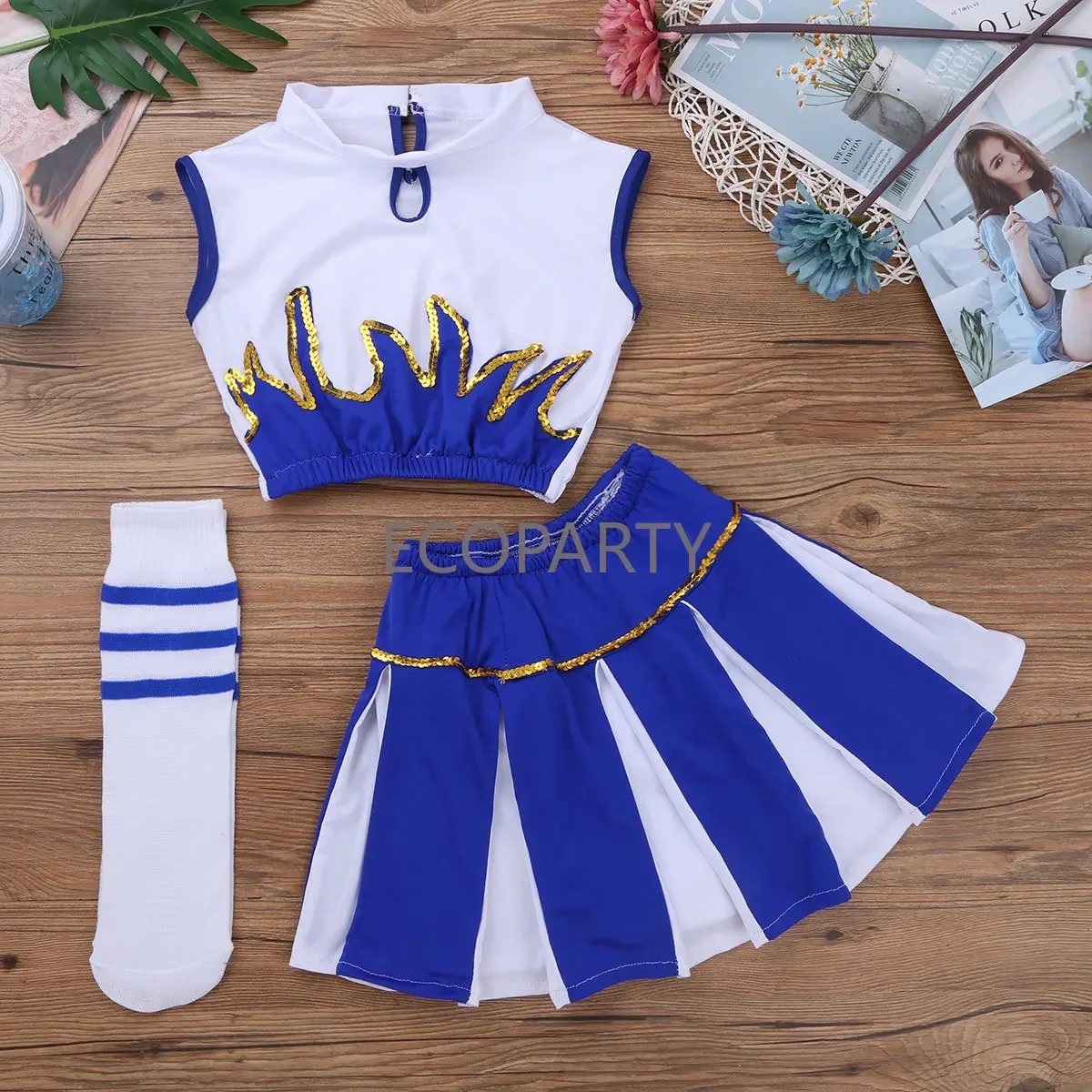 Schule Mädchen Klassische Cheerleader Kostüm Set Ärmel Crop Top mit Rock Socken Blau Funken Kostüm Dance Cosplay Uniform